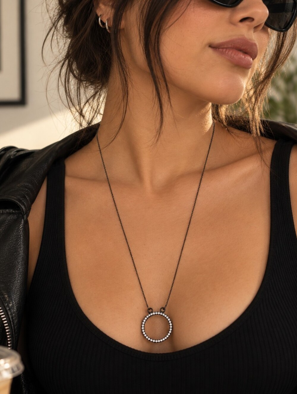 ​Minimalist Dark Chain Circle Pendant Necklace – Pave Crystal Charm